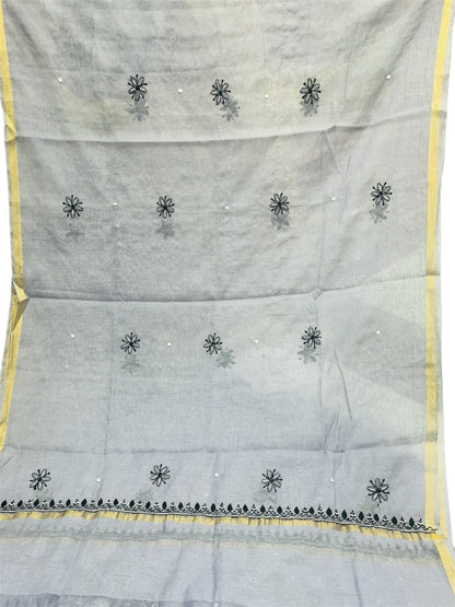 Grey Chikankari Unstiched Dress In Mul Chanderi - Famous Chikankari