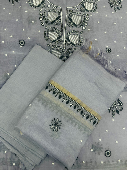 Grey Chikankari Unstiched Dress In Mul Chanderi - Famous Chikankari