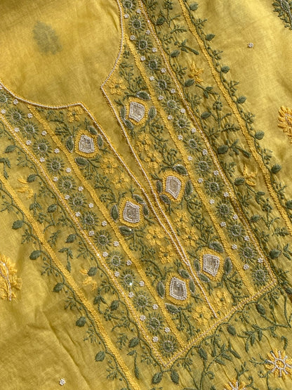 Lemon Yellow Chikankari Mulchanderi Unstiched Dress Material - Famous Chikankari