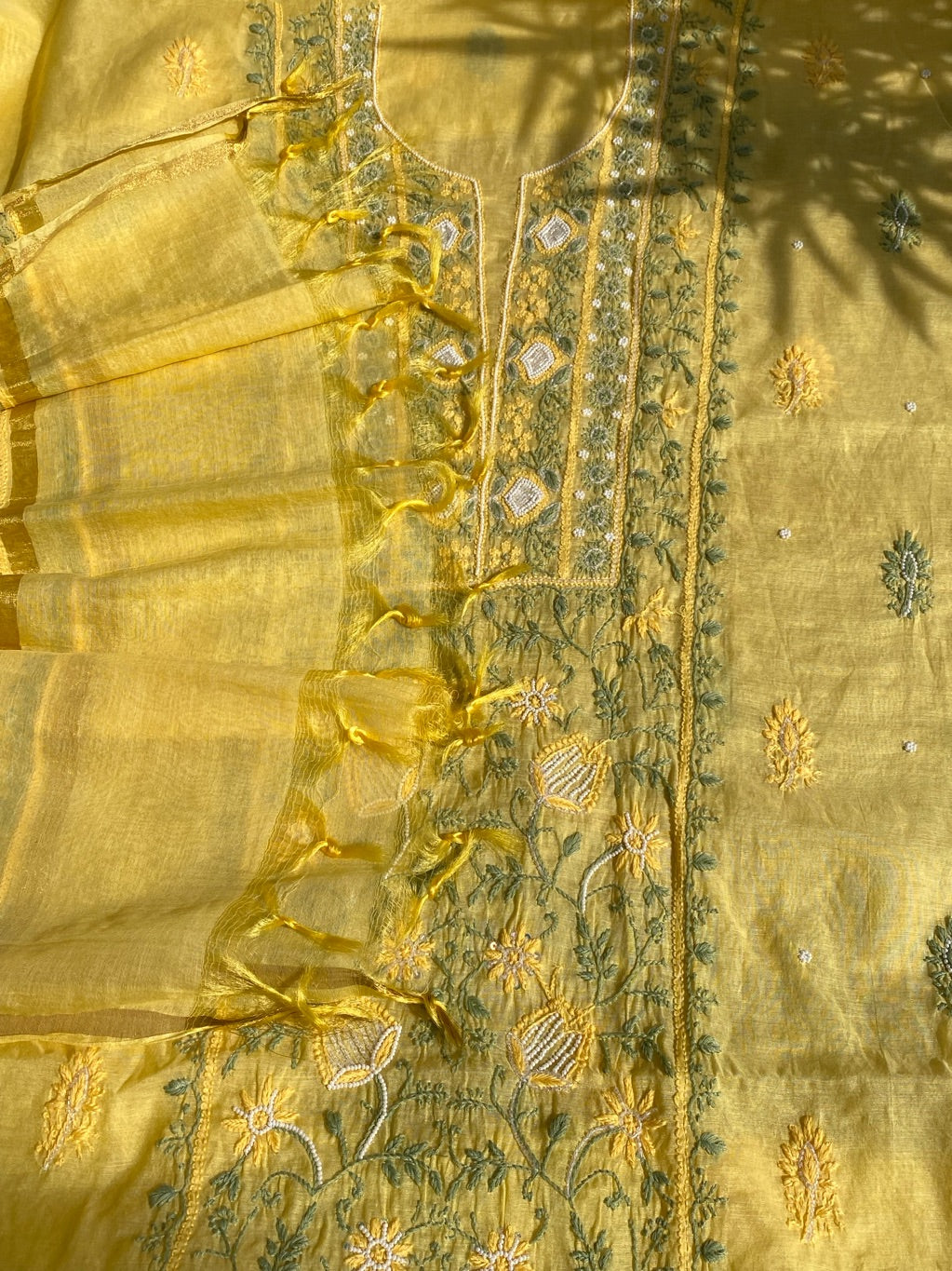 Lemon Yellow Chikankari Mulchanderi Unstiched Dress Material