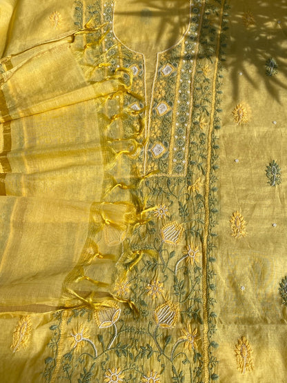 Lemon Yellow Chikankari Mulchanderi Unstiched Dress Material - Famous Chikankari