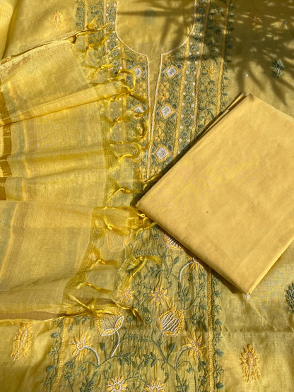 Lemon Yellow Chikankari Mulchanderi Unstiched Dress Material - Famous Chikankari