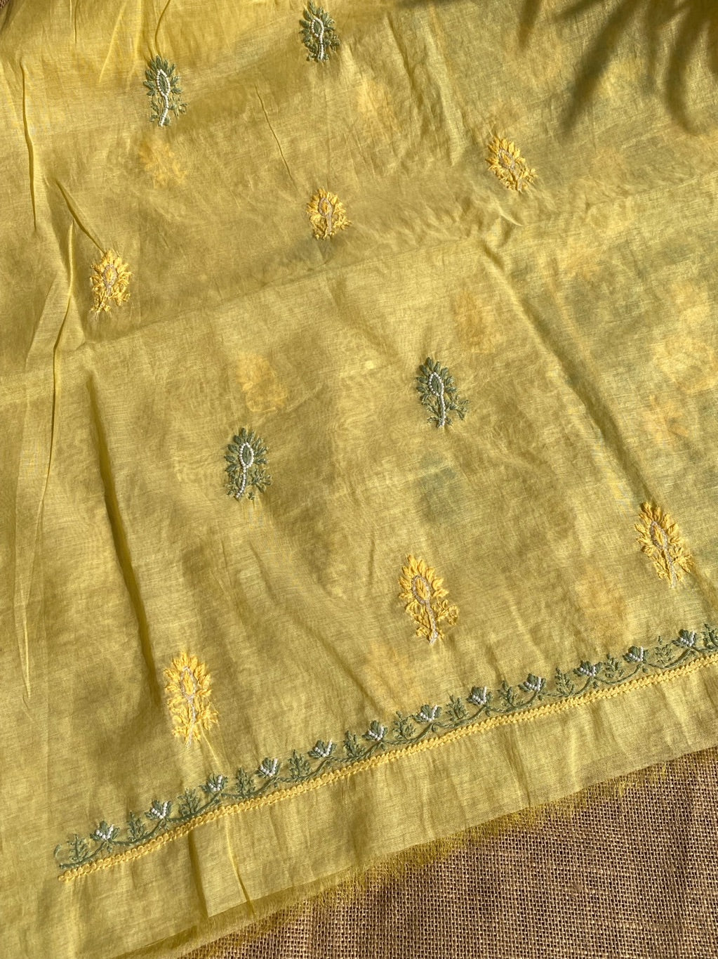 Lemon Yellow Chikankari Mulchanderi Unstiched Dress Material