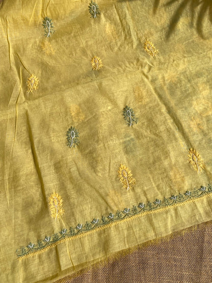 Lemon Yellow Chikankari Mulchanderi Unstiched Dress Material - Famous Chikankari