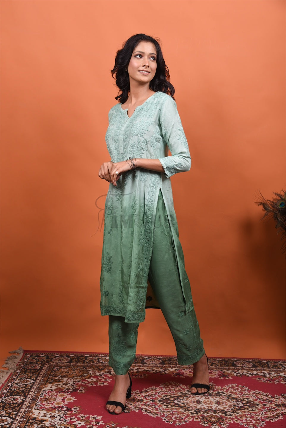 Mint Green Muslin Chikankari Kurti Plazo Set