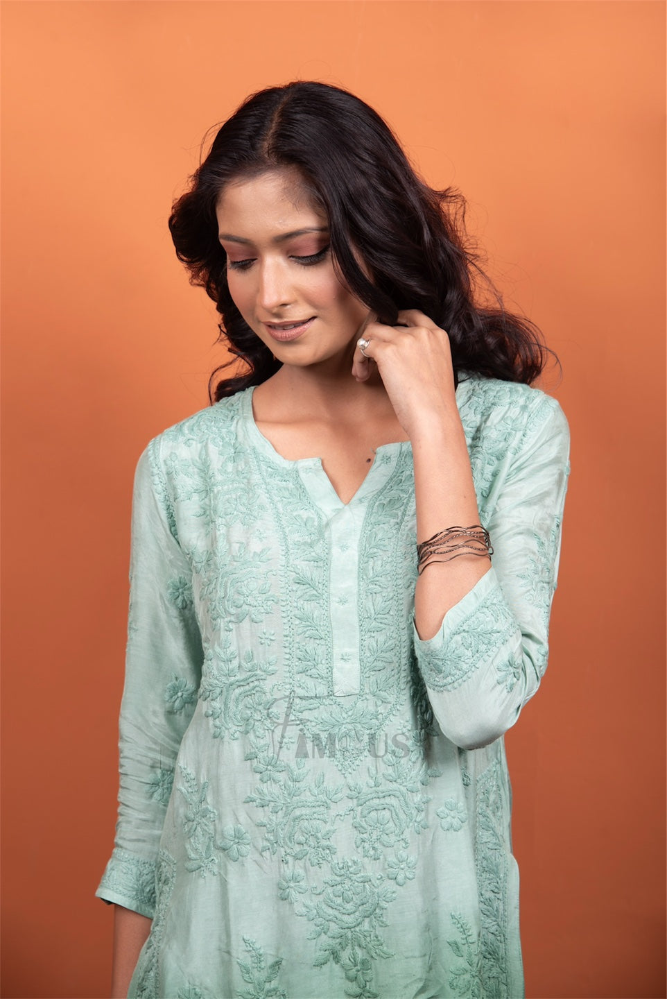 Mint Green Muslin Chikankari Kurti Plazo Set