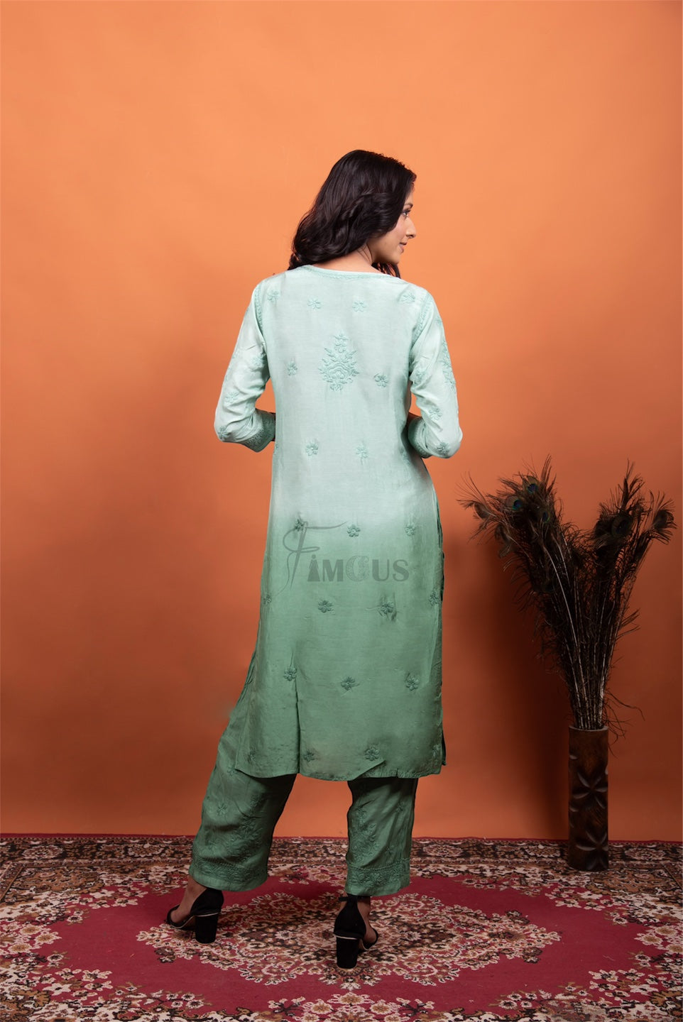 Mint Green Muslin Chikankari Kurti Plazo Set