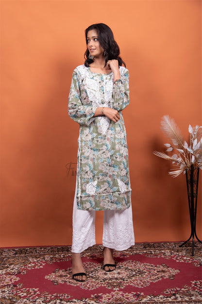 Chikankari Mulmul Print Straight Long Kurtis - Famous Chikankari