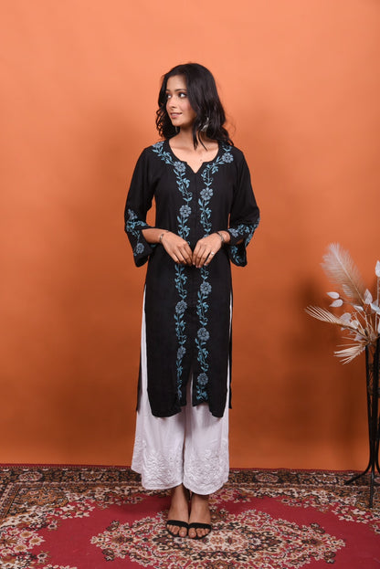 Black Chikankari Stylish Straight Long Kurti - Famous Chikankari