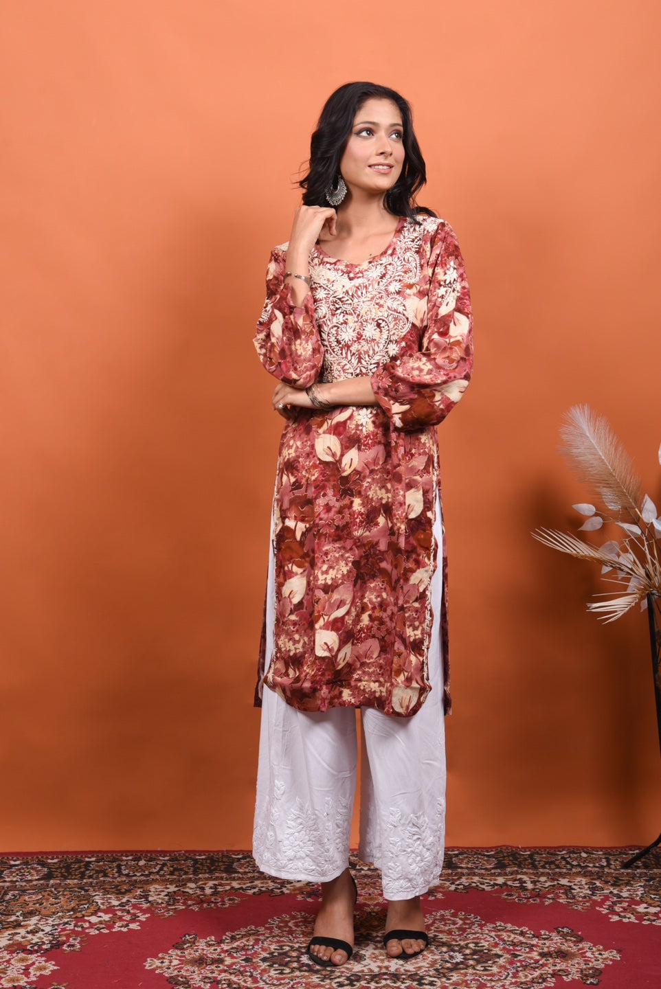 Reyon Gold Print Chikankari Straight Long Kurti- Rusty Pink