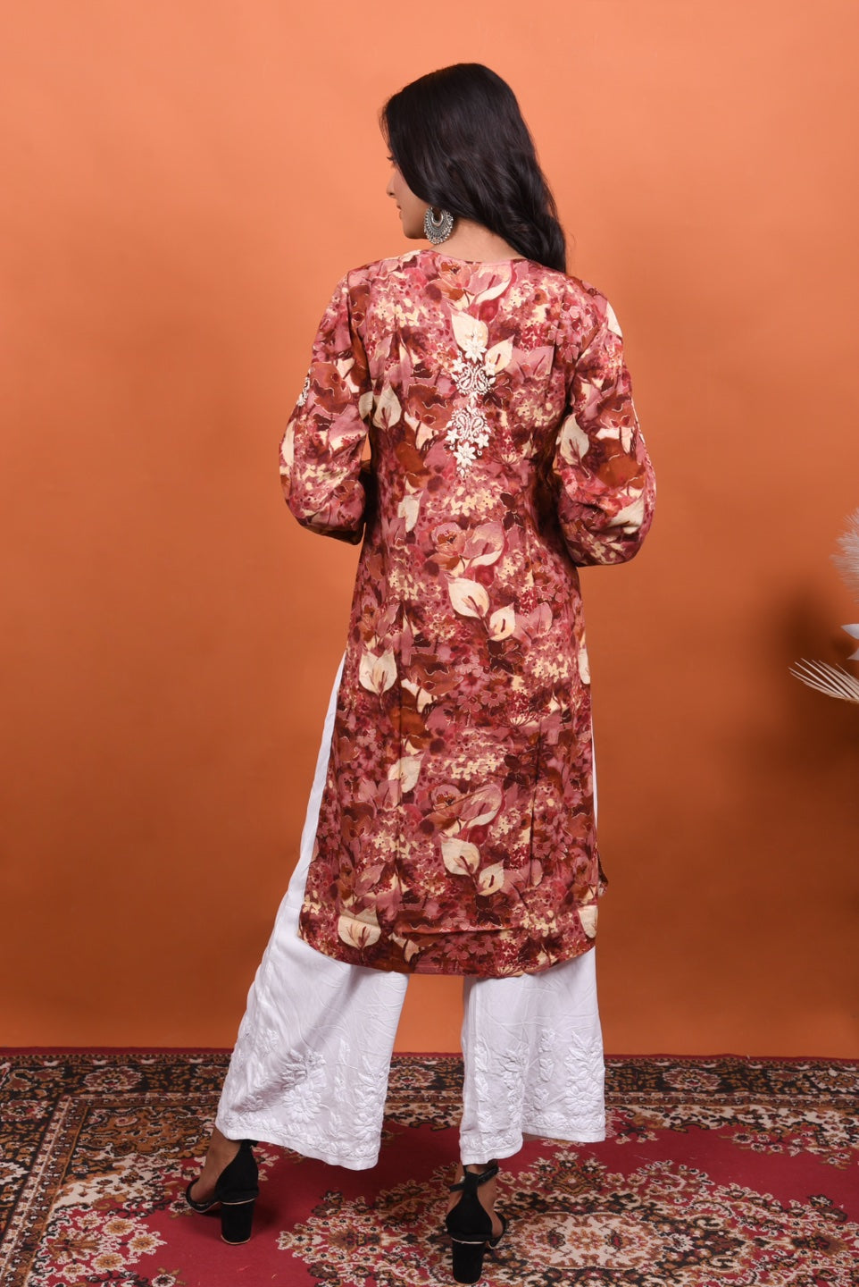 Reyon Gold Print Chikankari Straight Long Kurti- Rusty Pink