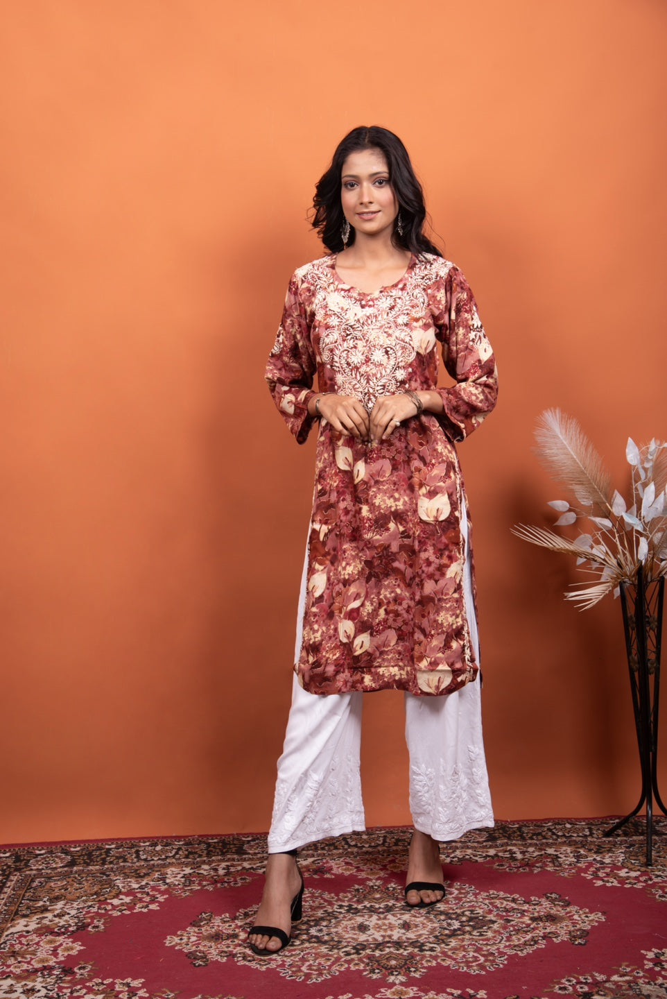 Reyon Gold Print Chikankari Straight Long Kurti- Rusty Pink