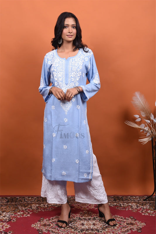 Light Blue Chikankari Reyon Kurti - Famous Chikankari