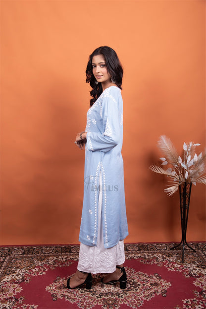 Light Blue Chikankari Reyon Kurti - Famous Chikankari