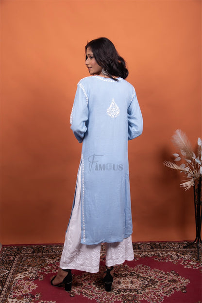 Light Blue Chikankari Reyon Kurti - Famous Chikankari