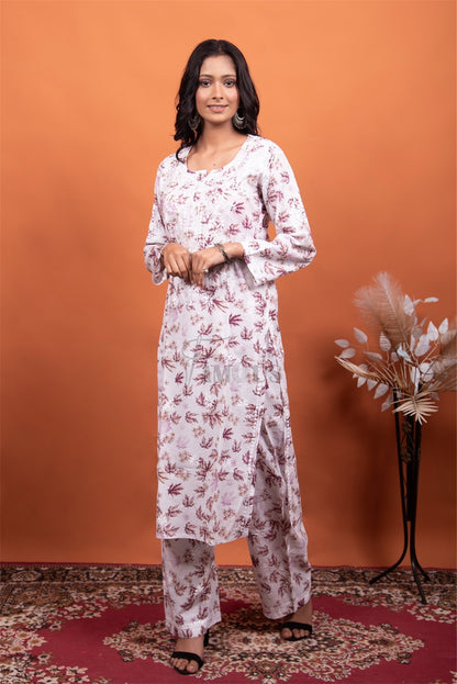 Beautiful Chikankari Mulmul Print Kurti Plazo Set - Famous Chikankari