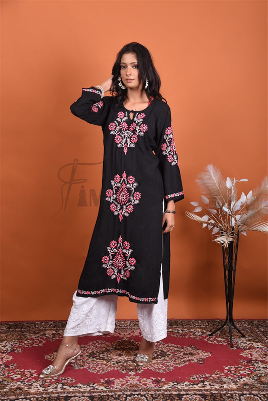 Nargis Chikankari Black Multy Embroidered Long Kurti - Famous Chikankari
