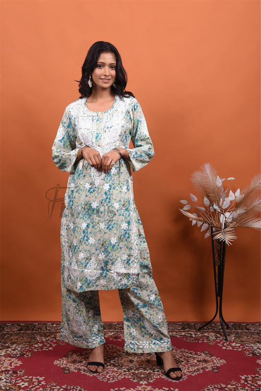 Mulmul Print Chikankari Stiched Kurti Plazo Set - Famous Chikankari