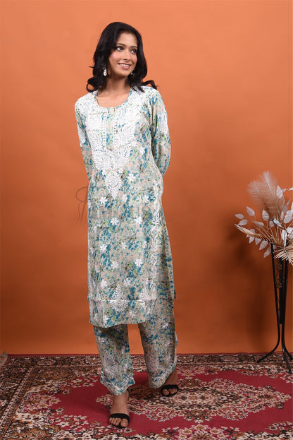 Mulmul Print Chikankari Stiched Kurti Plazo Set - Famous Chikankari