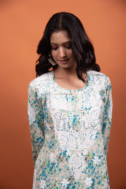 Mulmul Print Chikankari Stiched Kurti Plazo Set - Famous Chikankari
