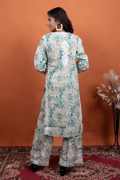 Mulmul Print Chikankari Stiched Kurti Plazo Set - Famous Chikankari