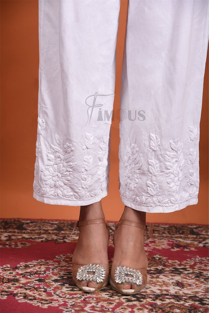 White Rayon Chikankari Straight Plazo with Pockets - Famous Chikankari