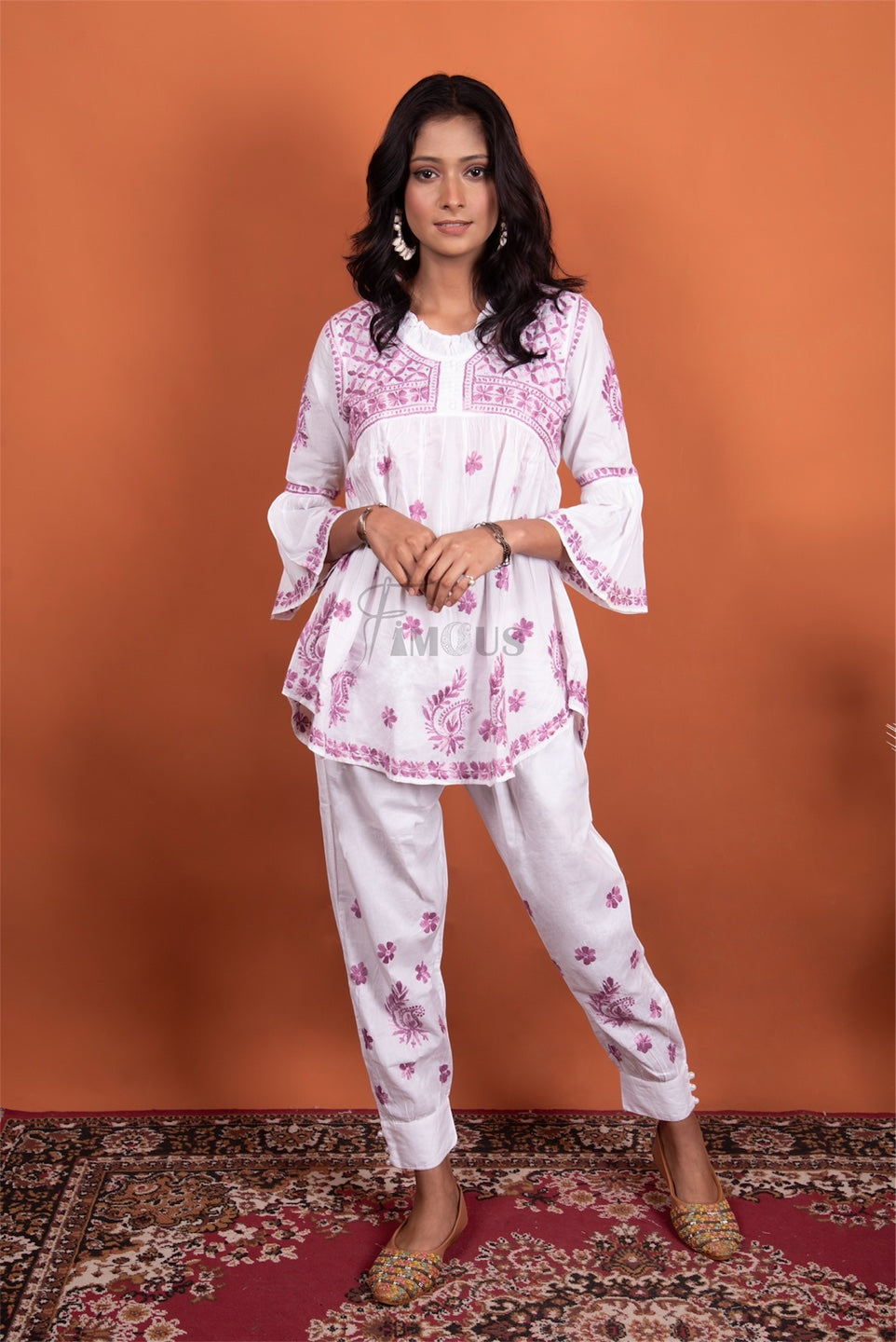 White Chikankari Frill Neck Coord Set(Onion Pink)