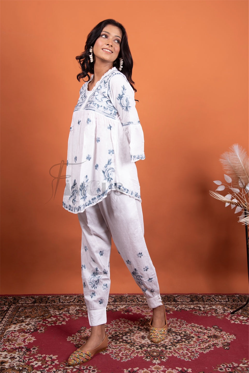 White Chikankari Frill Neck Coord Set(Grey)