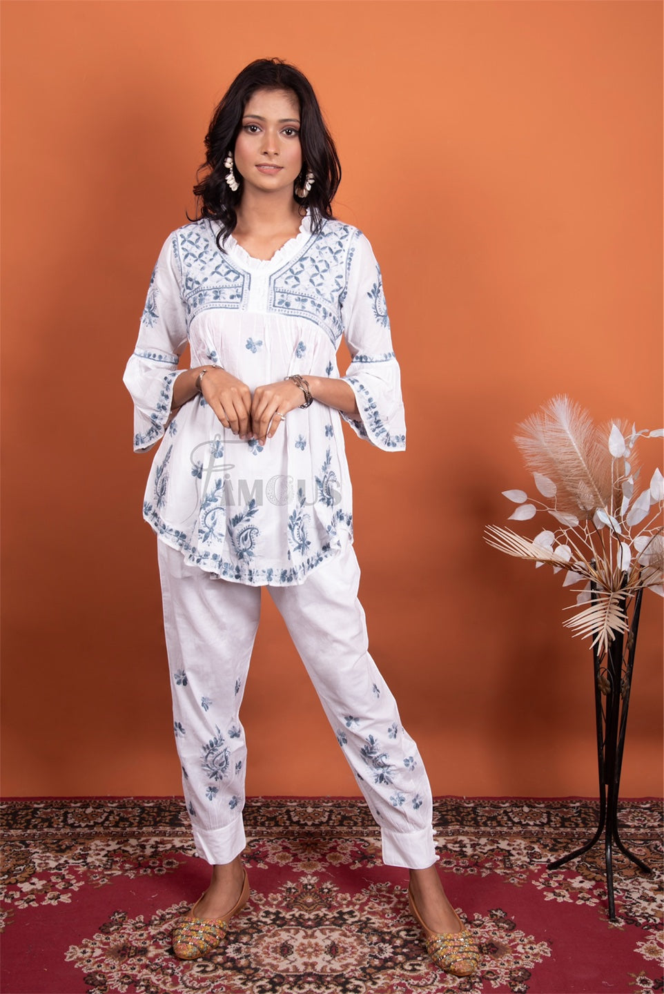 White Chikankari Frill Neck Coord Set(Grey)