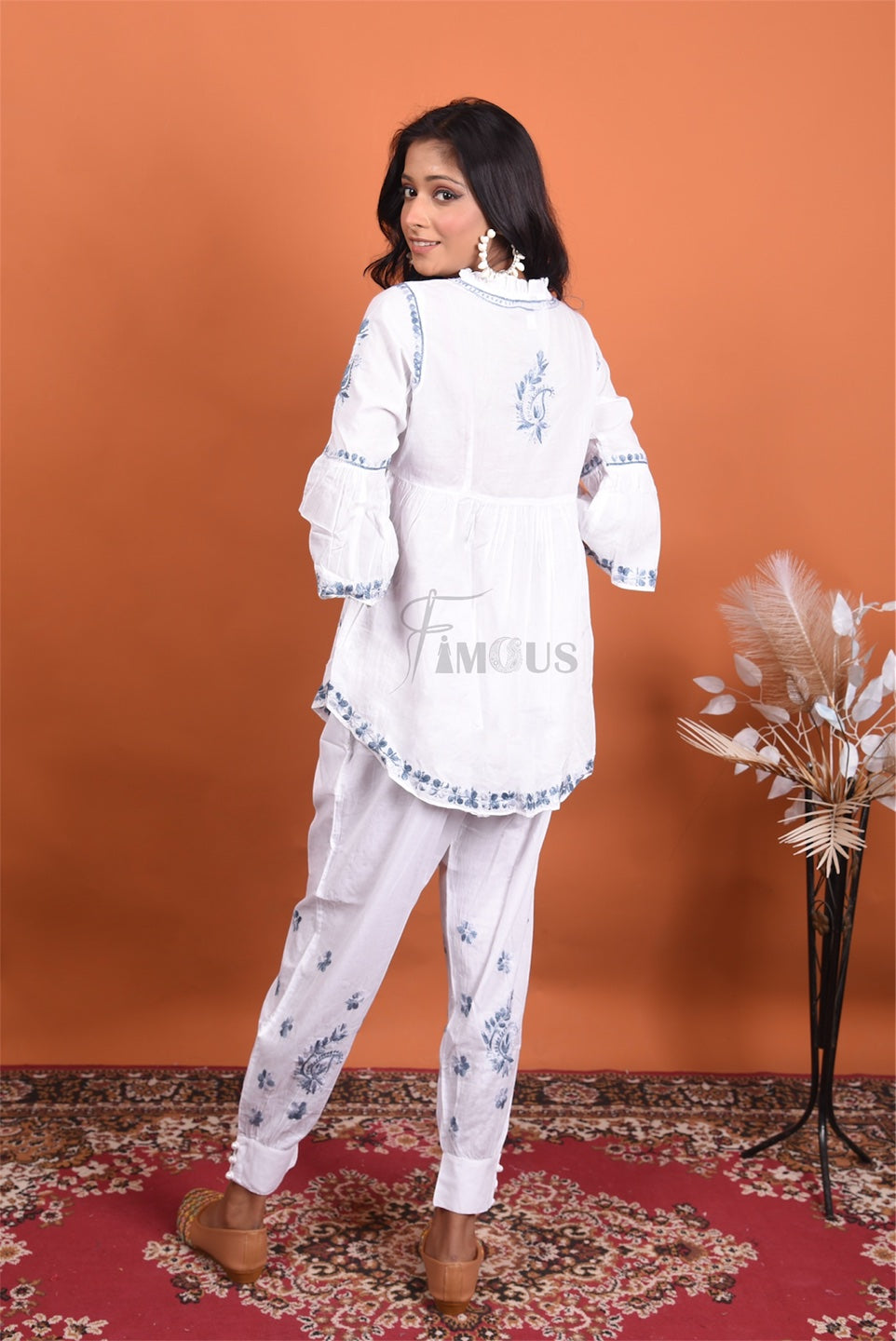 White Chikankari Frill Neck Coord Set(Grey)