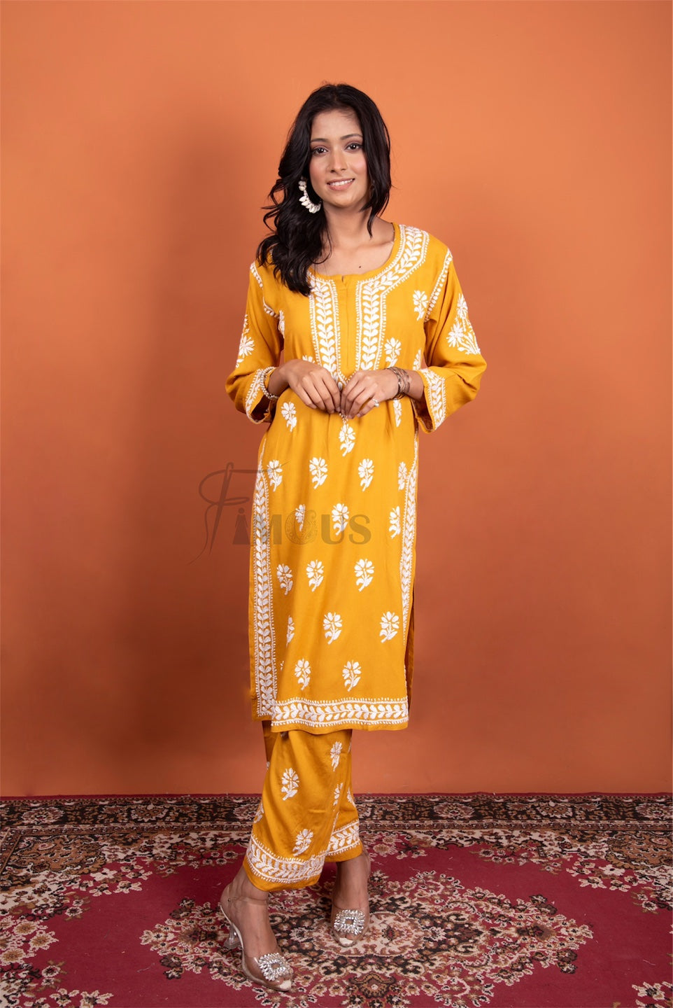 Mustard Chikankari Kurti Plazo Set