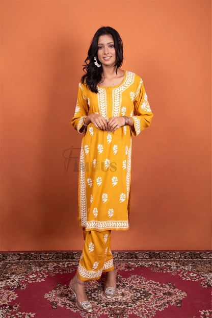 Mustard Chikankari Kurti Plazo Set - Famous Chikankari