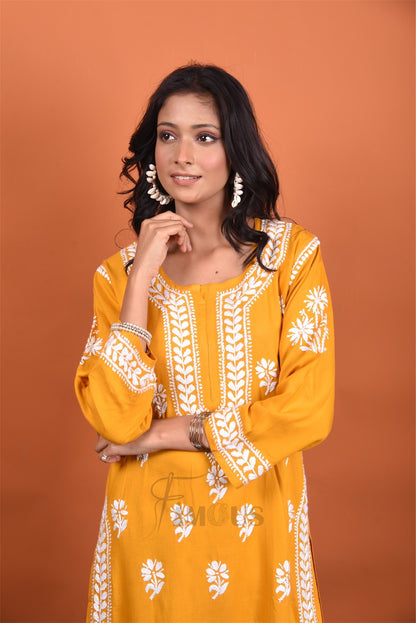 Mustard Chikankari Kurti Plazo Set - Famous Chikankari