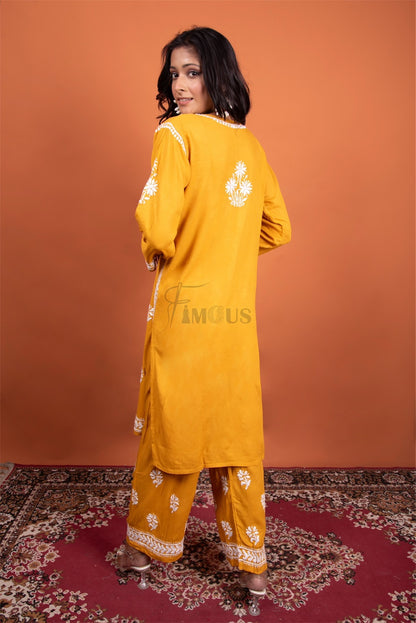 Mustard Chikankari Kurti Plazo Set - Famous Chikankari