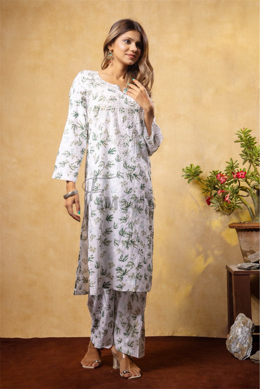 Beautiful Chikankari Mulmul Print Kurti Plazo Set-Mehndi - Famous Chikankari
