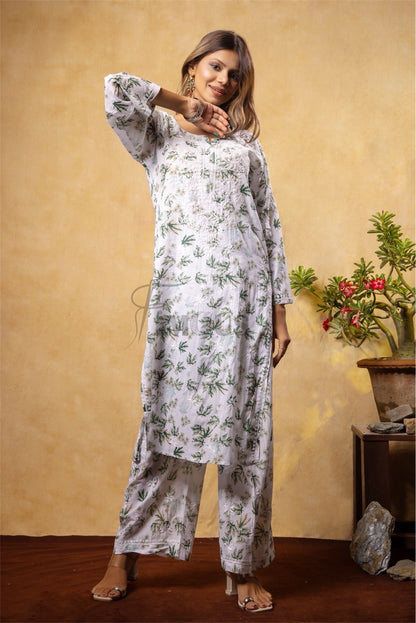 Beautiful Chikankari Mulmul Print Kurti Plazo Set-Mehndi - Famous Chikankari
