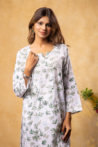 Beautiful Chikankari Mulmul Print Kurti Plazo Set-Mehndi - Famous Chikankari