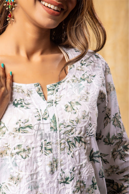 Beautiful Chikankari Mulmul Print Kurti Plazo Set-Mehndi - Famous Chikankari