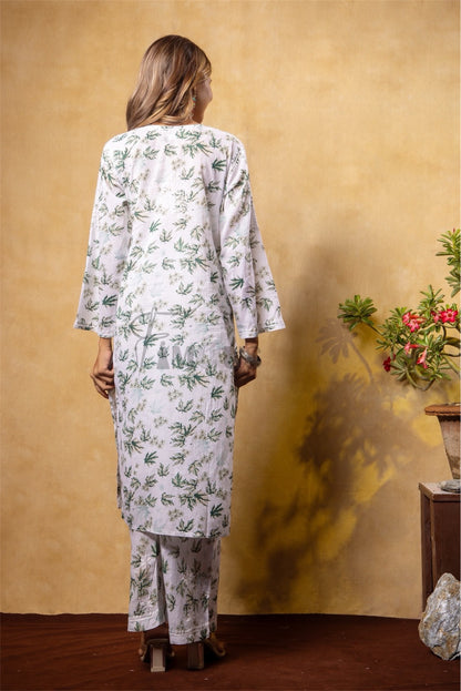 Beautiful Chikankari Mulmul Print Kurti Plazo Set-Mehndi - Famous Chikankari