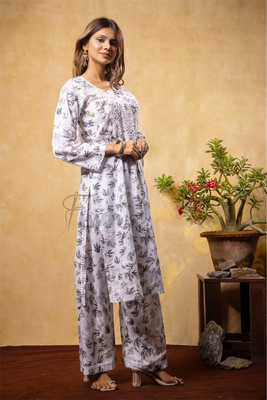 Beautiful Chikankari Mulmul Print Kurti Plazo Set-Grey - Famous Chikankari