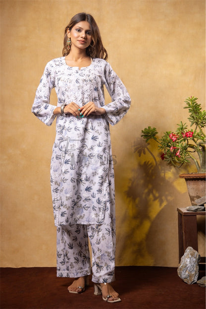 Beautiful Chikankari Mulmul Print Kurti Plazo Set-Grey - Famous Chikankari