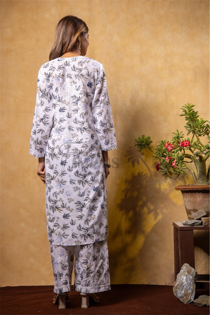 Beautiful Chikankari Mulmul Print Kurti Plazo Set-Grey - Famous Chikankari