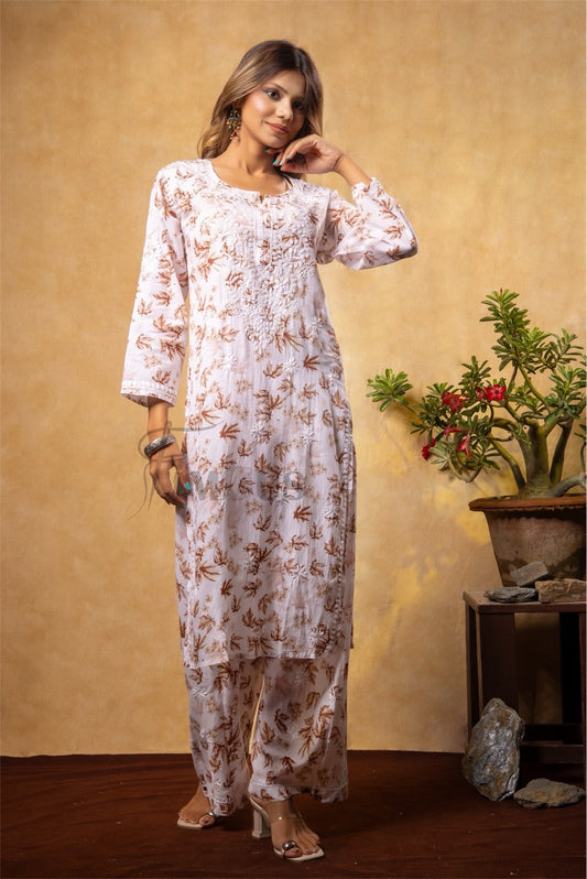Beautiful Chikankari Mulmul Print Kurti Plazo Set-Beige - Famous Chikankari