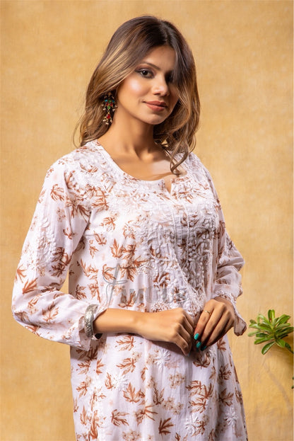 Beautiful Chikankari Mulmul Print Kurti Plazo Set-Beige - Famous Chikankari