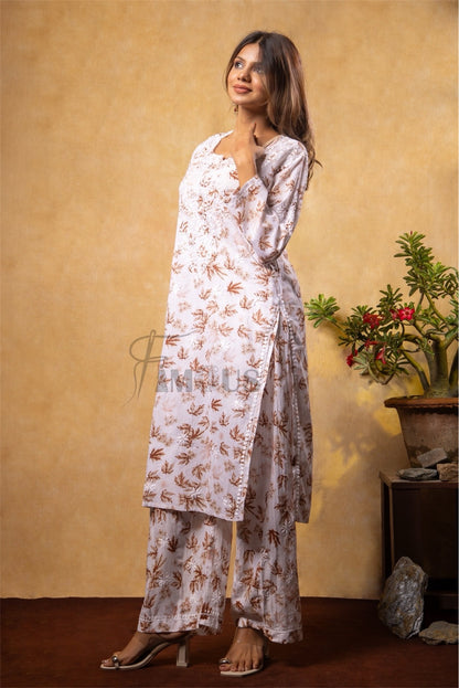 Beautiful Chikankari Mulmul Print Kurti Plazo Set-Beige - Famous Chikankari