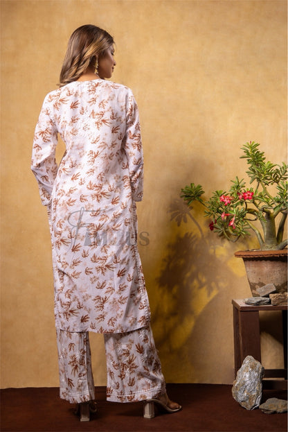 Beautiful Chikankari Mulmul Print Kurti Plazo Set-Beige - Famous Chikankari
