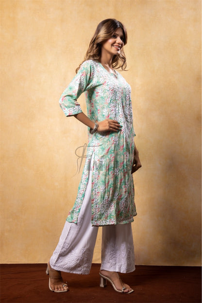 Modal Print Chikankari Straight Long Kurti- Sea Green - Famous Chikankari