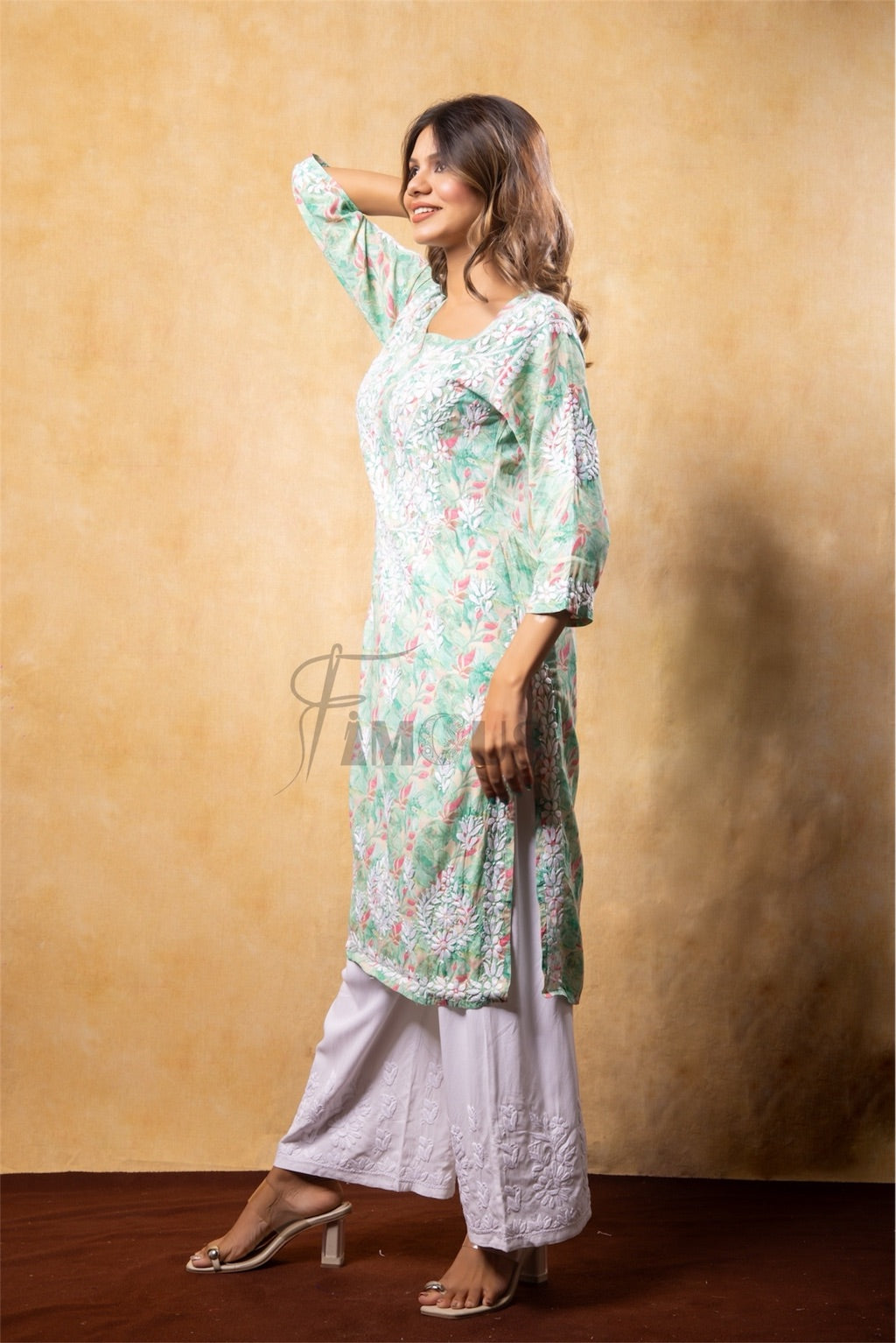 Modal Print Chikankari Straight Long Kurti- Sea Green