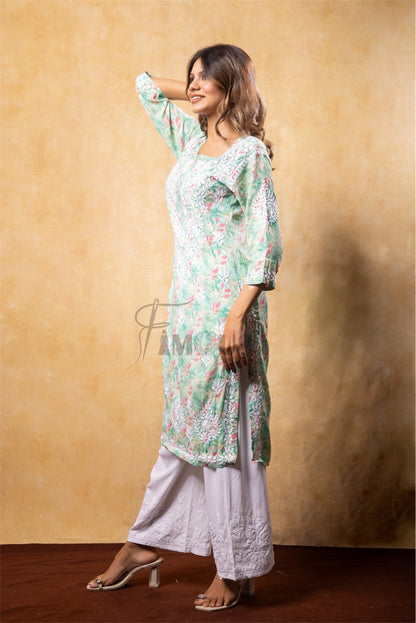 Modal Print Chikankari Straight Long Kurti- Sea Green - Famous Chikankari