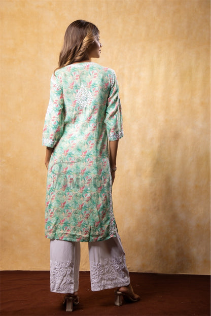 Modal Print Chikankari Straight Long Kurti- Sea Green - Famous Chikankari